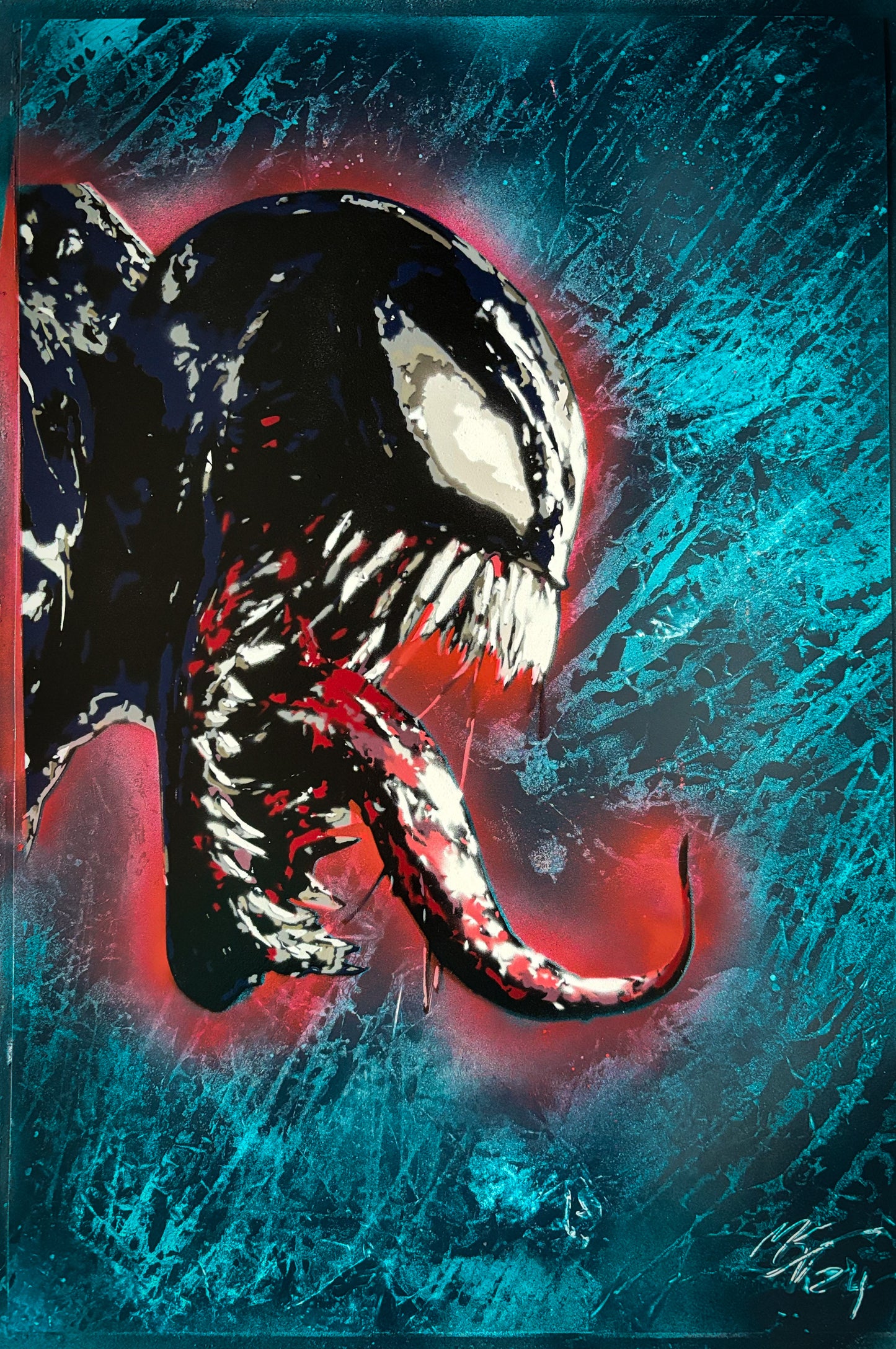A dynamic painting inspired by Venom, showcasing a chaotic yet artistic blend of black and white textures.