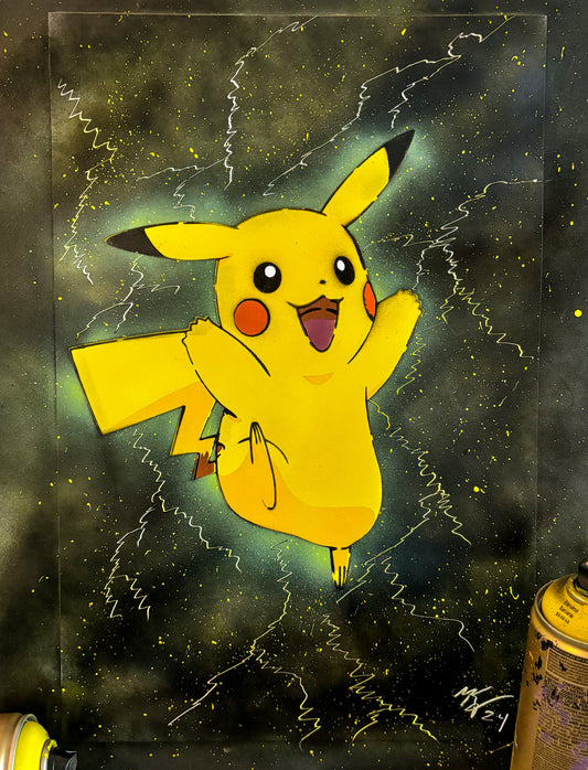 A vibrant painting inspired by Pikachu, with electric energy radiating from bold yellow hues.