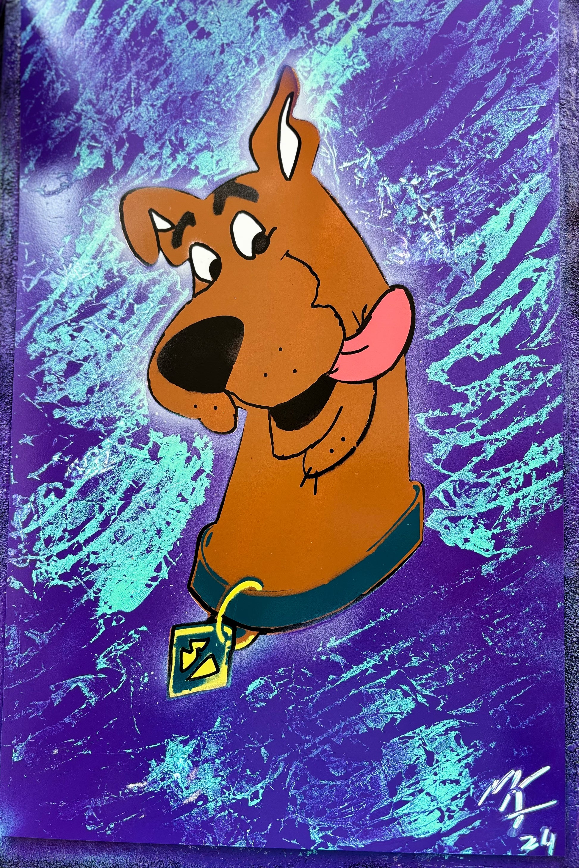 A playful painting inspired by Scooby-Doo, with vibrant colors and elements evoking mystery and fun.